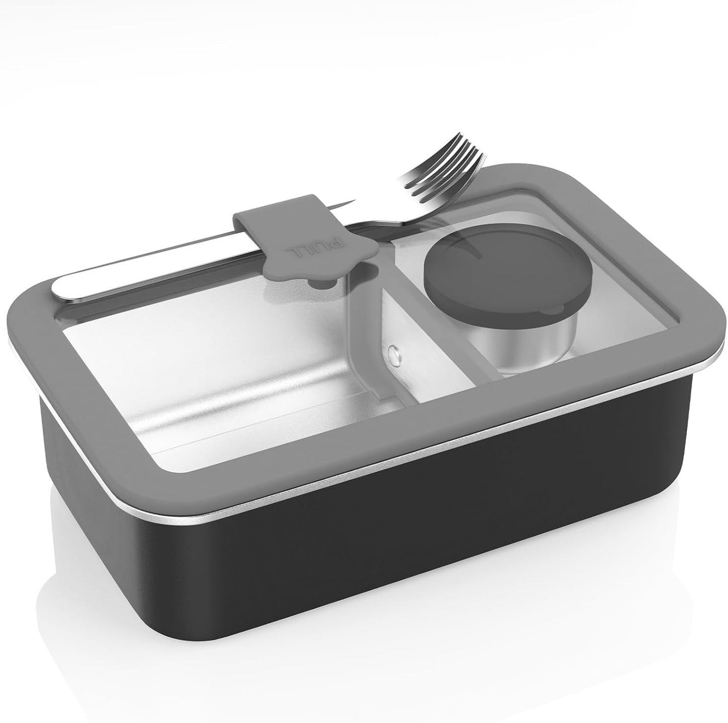 Stainless Steel Bento Box for Adult, 42oz Leak-Proof Lunch Box Containers with Adjustable Divider, Microwave-Safe, Metal Lunchbox with Glass Lid for Work Travel, Black