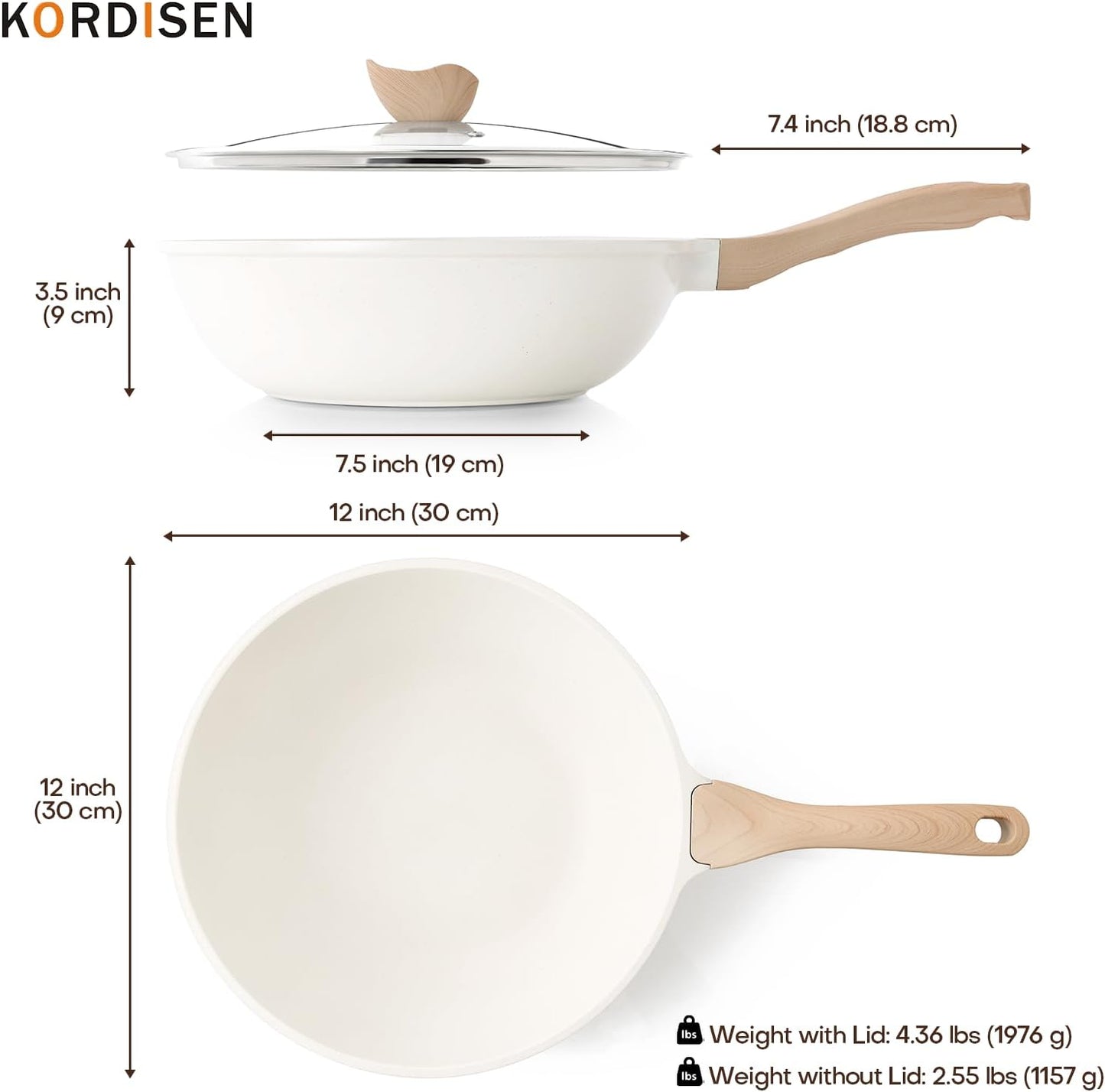 Nonstick Wok with Lid, 12 Inch Woks & Stir-fry Pans, Healthy Coating Induction Cookware, Compatible with All Stovetops, PFOA Free (Cream White)