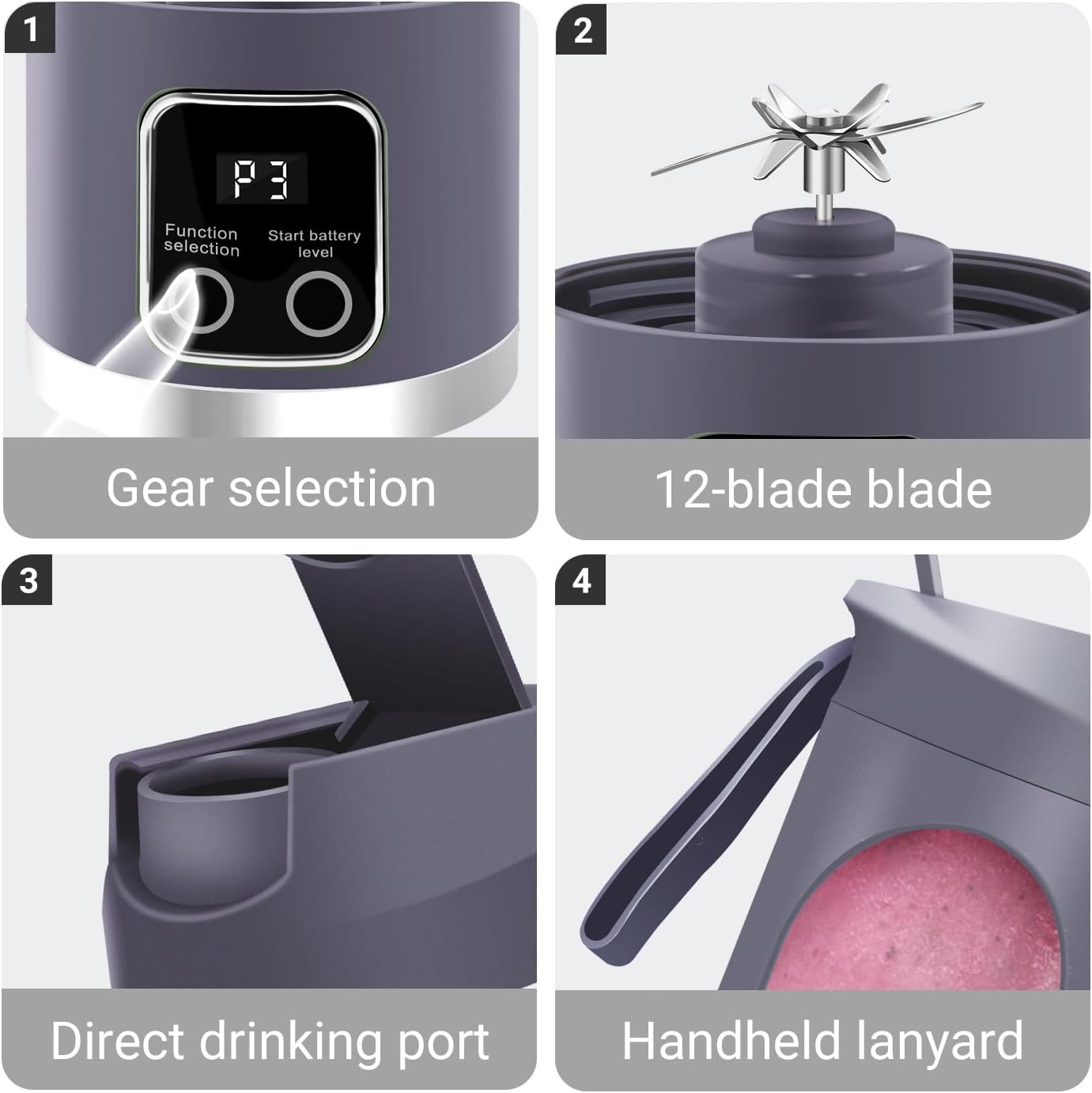 Portable Personal Electric USB Juicer，500ML Mini Blender Portable Blender For Shakes and Smoothies juice，12 Blades Great for Mixing，Compact、Convenient and Versatile (Purple)