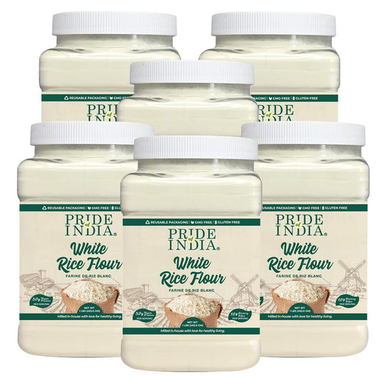 Pride of India - PACK of 6 - White Rice Flour 1 lbs (454 gm) Mild Slightly Sweet Neutral Taste Freshly Milled in Small Batches | Used for Cooking Baking Coating Thickening Pancakes Noodles Pudding