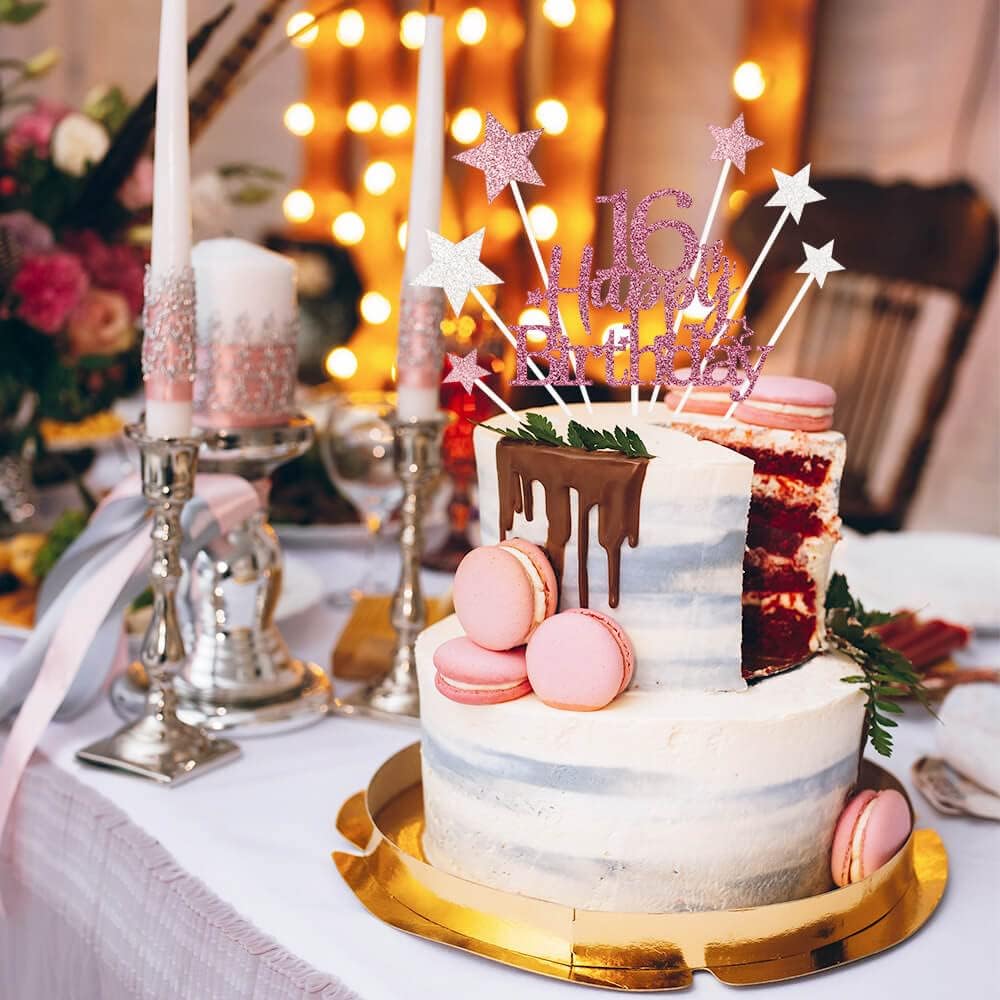 Glittery 16th Happy Birthday Cake Topper with Star,Personalised 16 Birthday Cake Toppers Party Decorations Party Supplies for Boys Girls Rose Gold