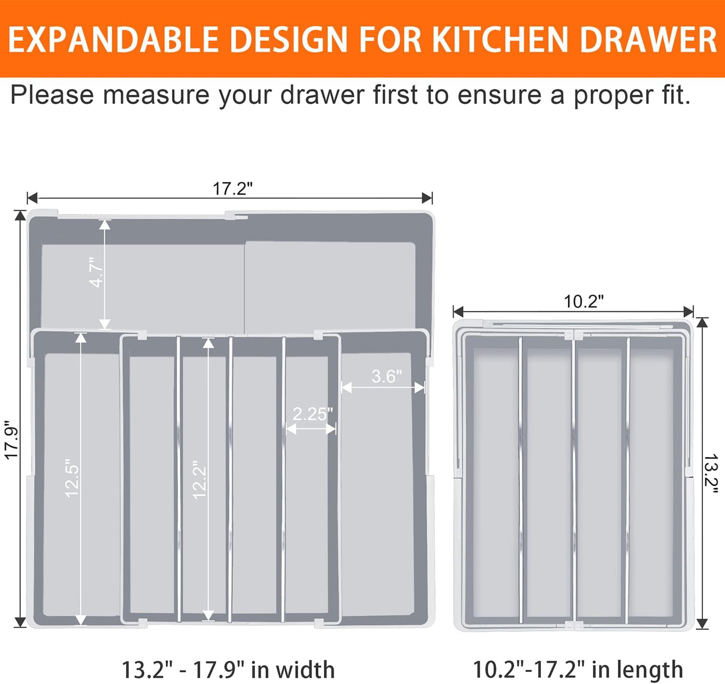 Silverware Organizer for drawer - Adjustable Kitchen Drawer Organizer Utensil Drawer Organizer, Expandable Silverware Tray for Drawer Utensil Organizer for Forks, Knives, Grey