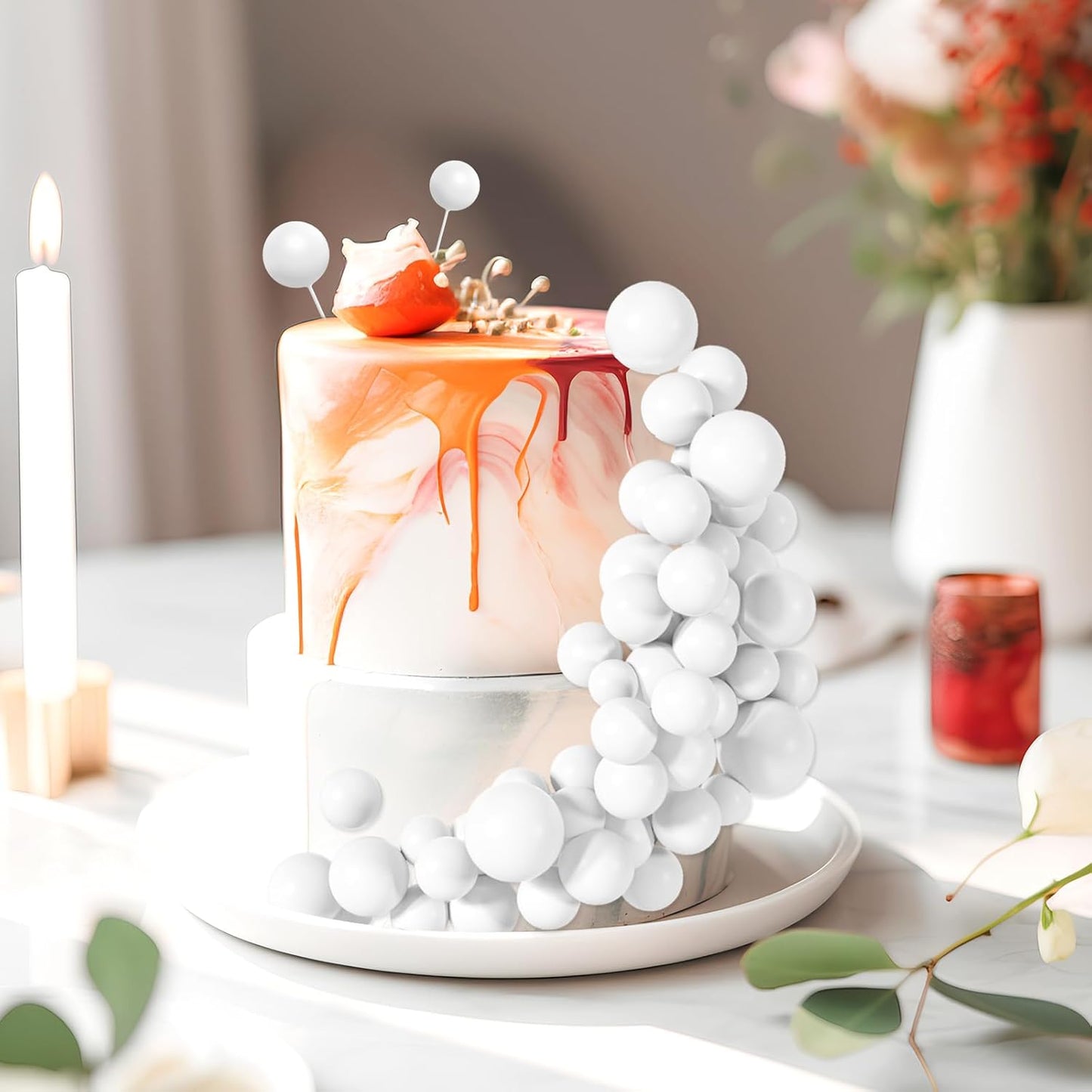 48 Pcs White Balls Cake Topper Decorations Balloon Cupcake Toppers Foam Cake Topper Balls Cake Balls Decorations for Birthday Party Wedding Anniversary Cake Decorating