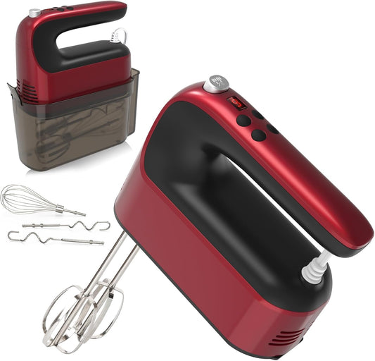 9-Speed Digital Hand Mixer Electric, 400W DC Motor, Hand Mixer electric Handheld with Snap-On Storage Case, Touch Button, Turbo Boost, 5x Stainless Steel Accessories (Red)