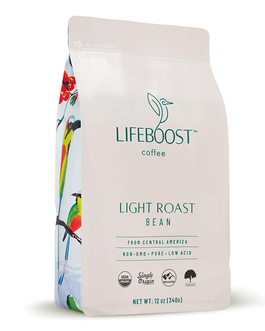 Lifeboost Light Roast Coffee Beans - Non-GMO Single Origin Low Acid Organic Light Roast Coffee - Third Party Tested For Mycotoxins & Pesticides - Whole Bean - 12 Ounces