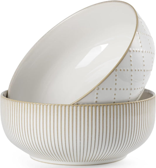 getstar Large Serving Bowls (8 inch & 60 fl oz), Ceramic Salad Bowl Set of 2, Microwave and Dishwasher Safe, Farmhouse Kitchen Decorative Bowls Set (Embossed Checks & Stripes)