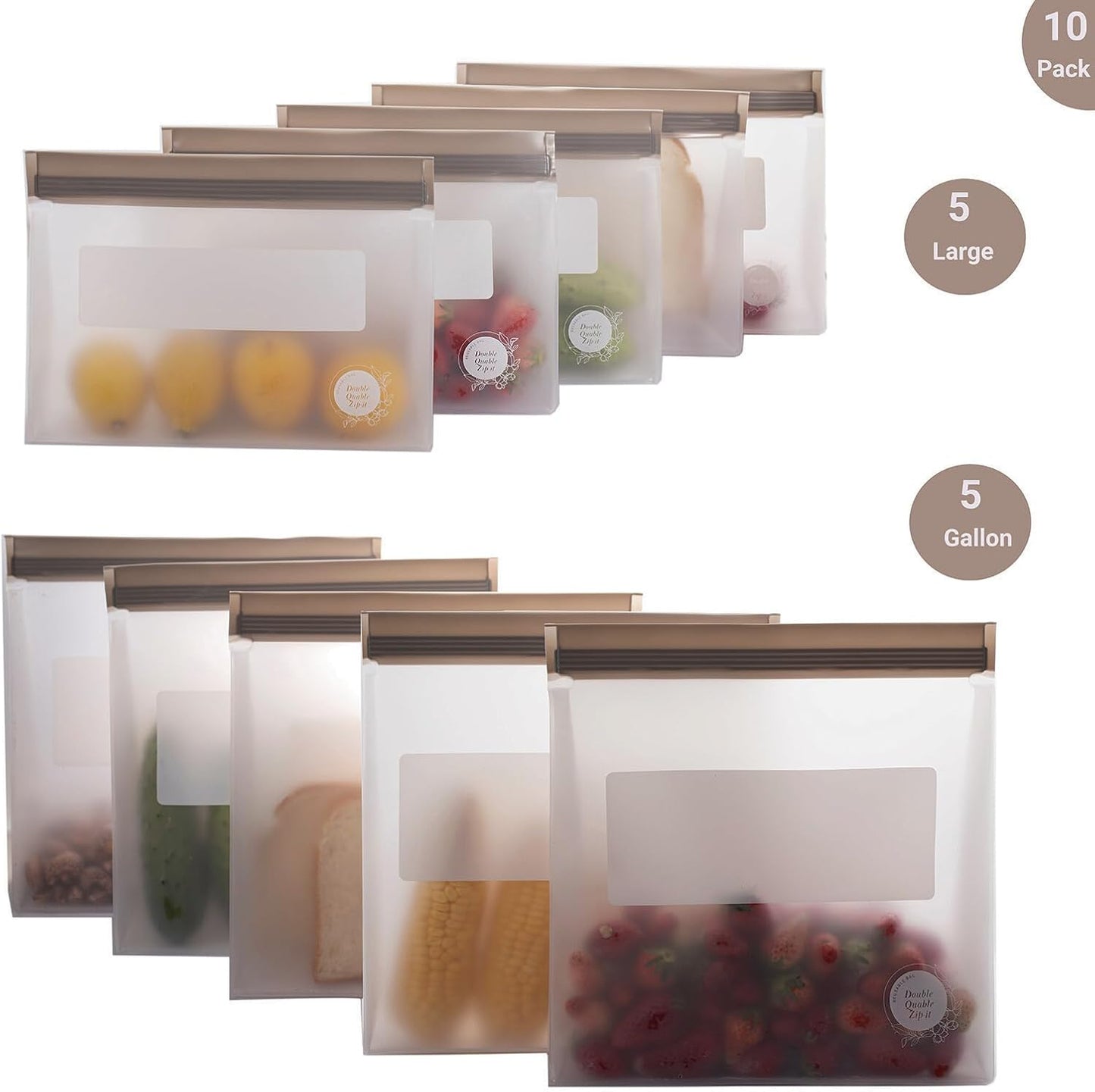 Reusable Silicone Food Storage Bags – 10-Pack Stand-Up, BPA-Free, Freezer, Dishwasher Safe & Eco-Friendly – 5 Gl, 5 L Bags – Airtight Leakproof Silicone Ziplock Bags for Kitchen Storage (Grey)