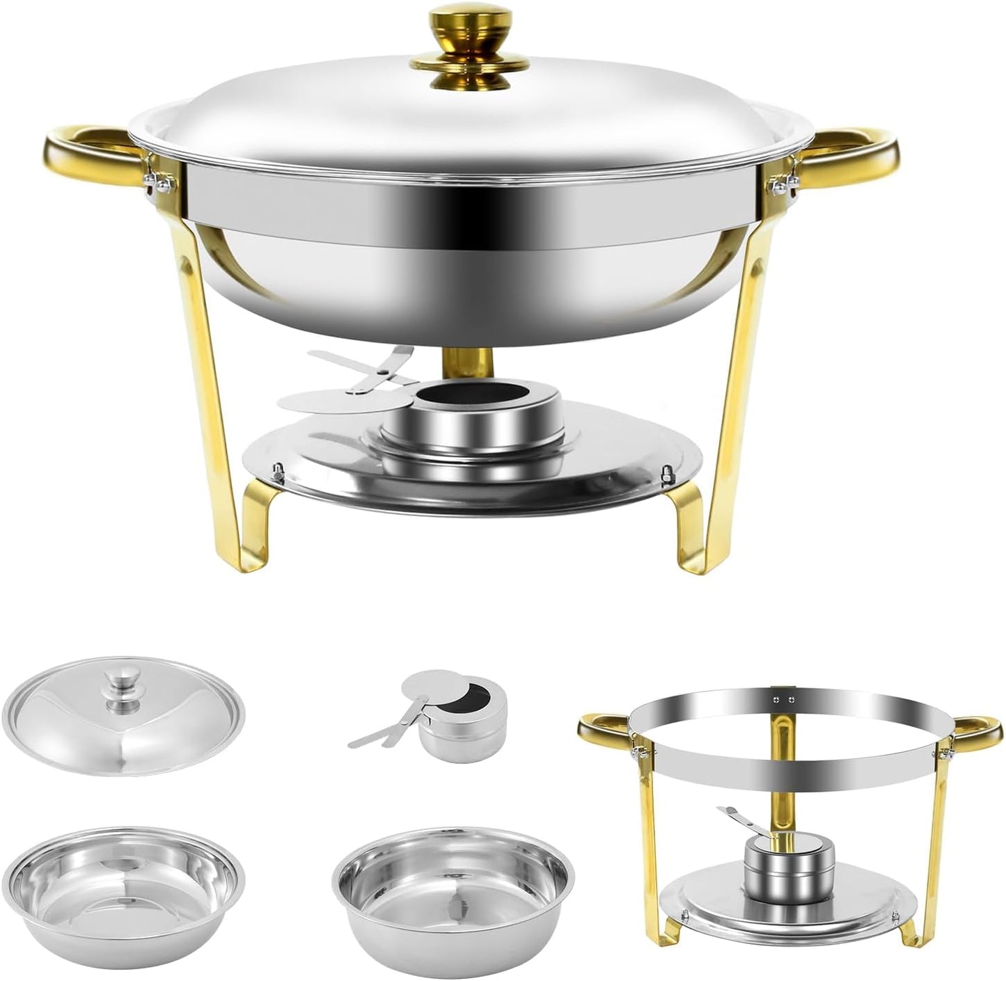 Gold & Silver Chafing Dishes for Buffet with Lid 5QT, 2 Pack - Food-Grade Stainless Steel Chafers and Buffet Warmers Sets with Lid Holder, Rolled Edge Design, for Party, Banquet