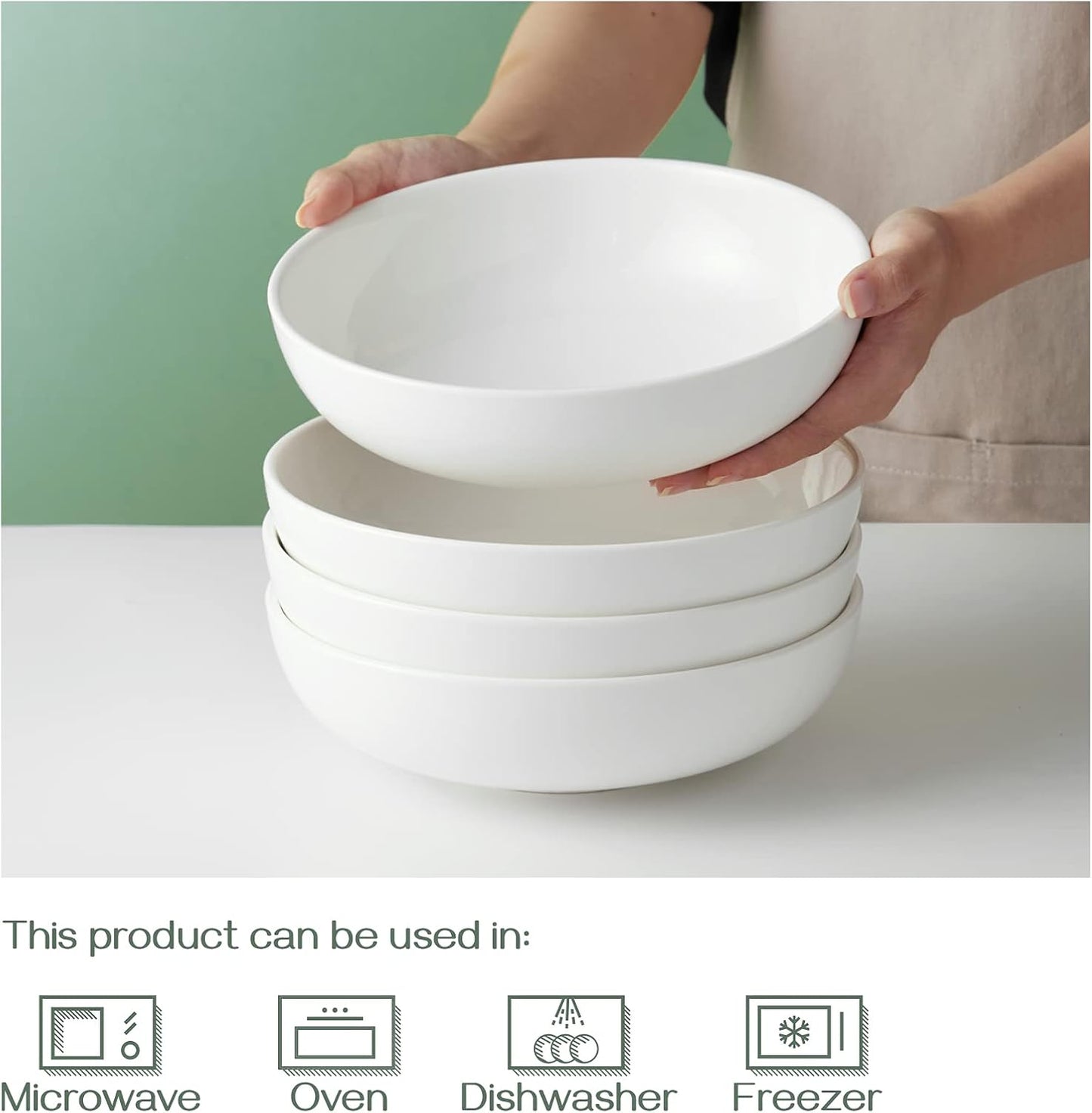 DOWAN Pasta Bowls 47 oz, Large Salad Bowls 2.5" Deep Soup Bowls, Porcelain Serving Bowls Set of 4, Big Kitchen Dinner Bowl Plates Pasta Plates, Microwave & Dishwasher Safe, Creamy White