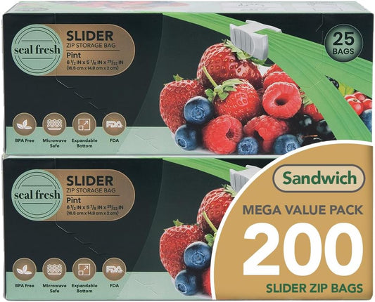 Pint Slider Storage Bags 200 Pack — Reusable Freezer Bags with Expandable Bottom, BPA Free, Microwave Safe, Clear Pint Food Storage Bags