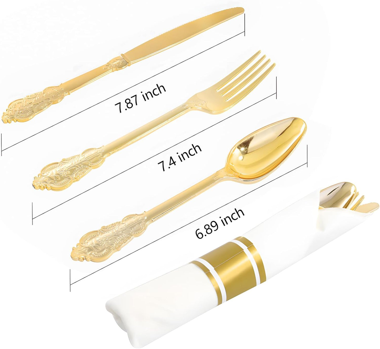 400PCS Pre Rolled Gold Plastic Silverware Sets - Heavy Duty Fancy Gold Cutlery - Include 100 Pack Wrapped Disposable Utensils with Napkins for Parties, Dinners & Weddings