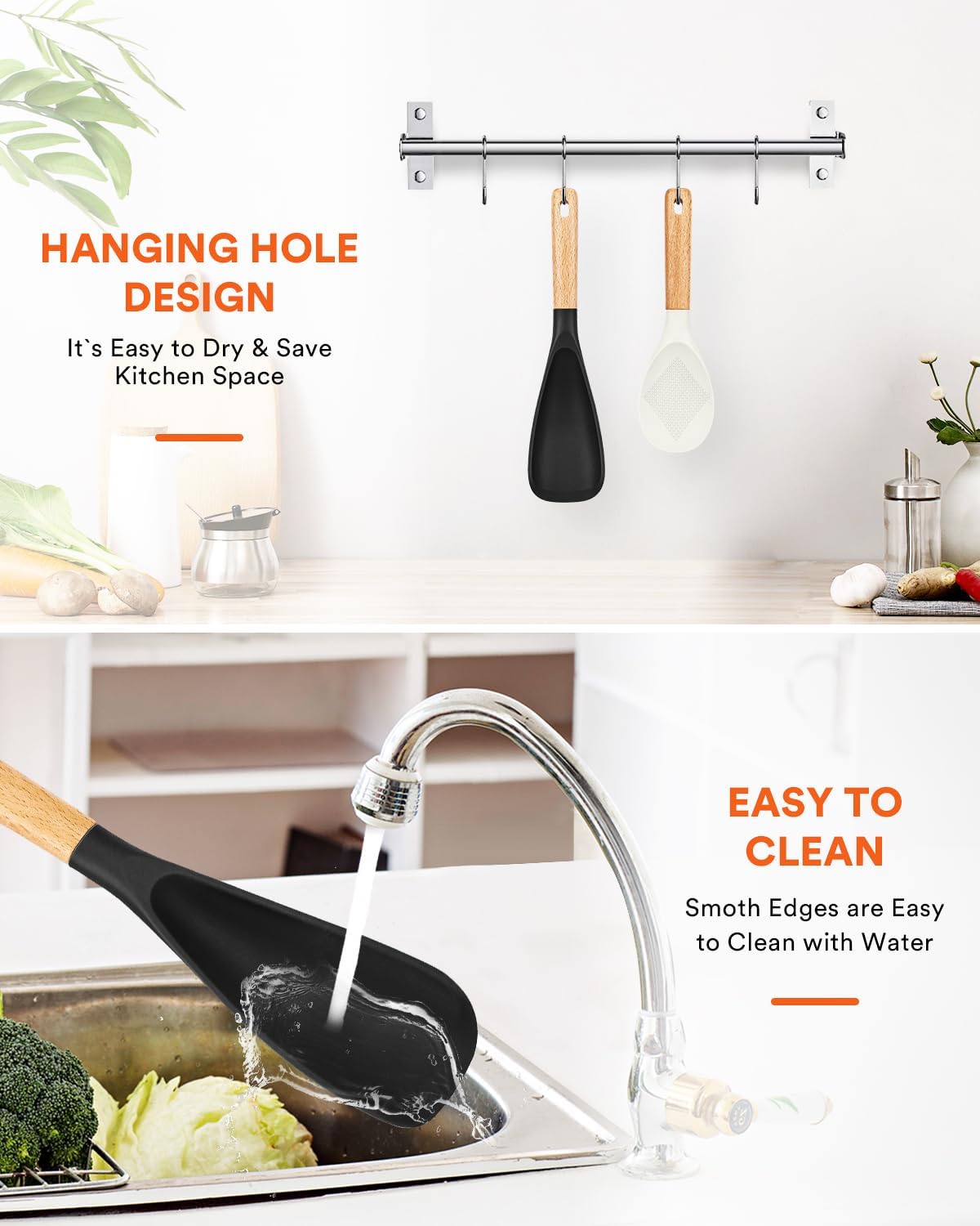 Cooking Spoon and Rice Scooper for Nonstick Cookwares, Great for Cooking and Serving Sturdy BPA-Free Matte Silicone, Wood Handle Spoon for Mixing, Scoop, and Scrape (Black Spoon & White Scooper）