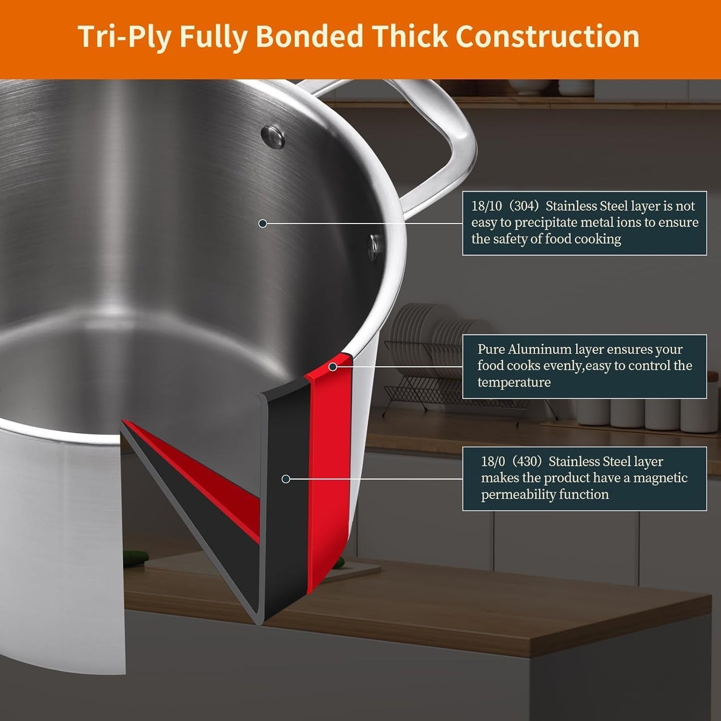 DELARLO Tri-ply Stainless Steel 20QT Stock Pot, Compatible with All Stoves Up to 600℉, 18/10 Induction Big Cooking Pot with Lid, Fast & Even Heating, Durable Large Soup Pot