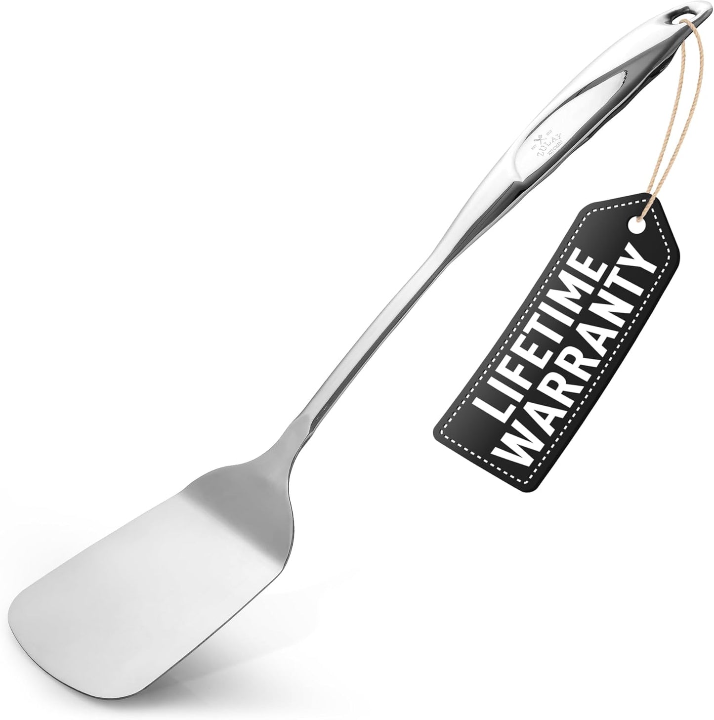 Zulay Kitchen Premium Stainless Steel Metal Spatula - Cooking Spoon Turner - Durable Cooking Utensil with Ergonomic, Easy to Use Handle - Easy to Clean, Perfect for at Home Cooks & Chefs - 15”