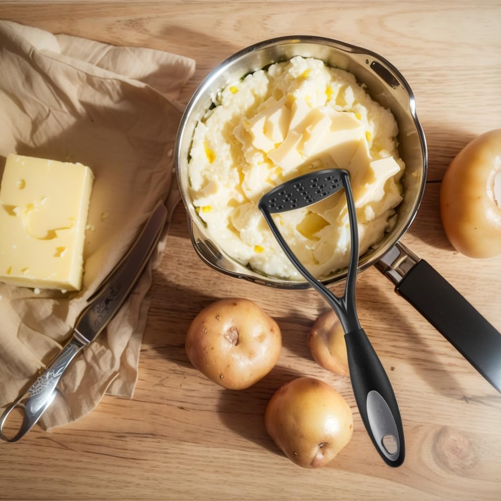 KSENDALO Potato Masher Kitchen Tool,Nonstick Bean Smasher Food Masher with Thick Nylon Blade and Rubber Wrapped Comfortable Handle,Hand Wash, Black