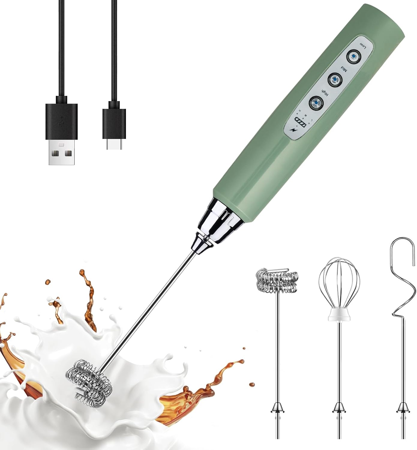 YUSWKO Granite Green Handheld Milk Frother Wand for Coffee, Rechargeable Electric Whisk with 3 Heads 3 Speeds Drink Mixer Coffee Frother For Latte, Cappuccino, Hot Chocolate, Egg