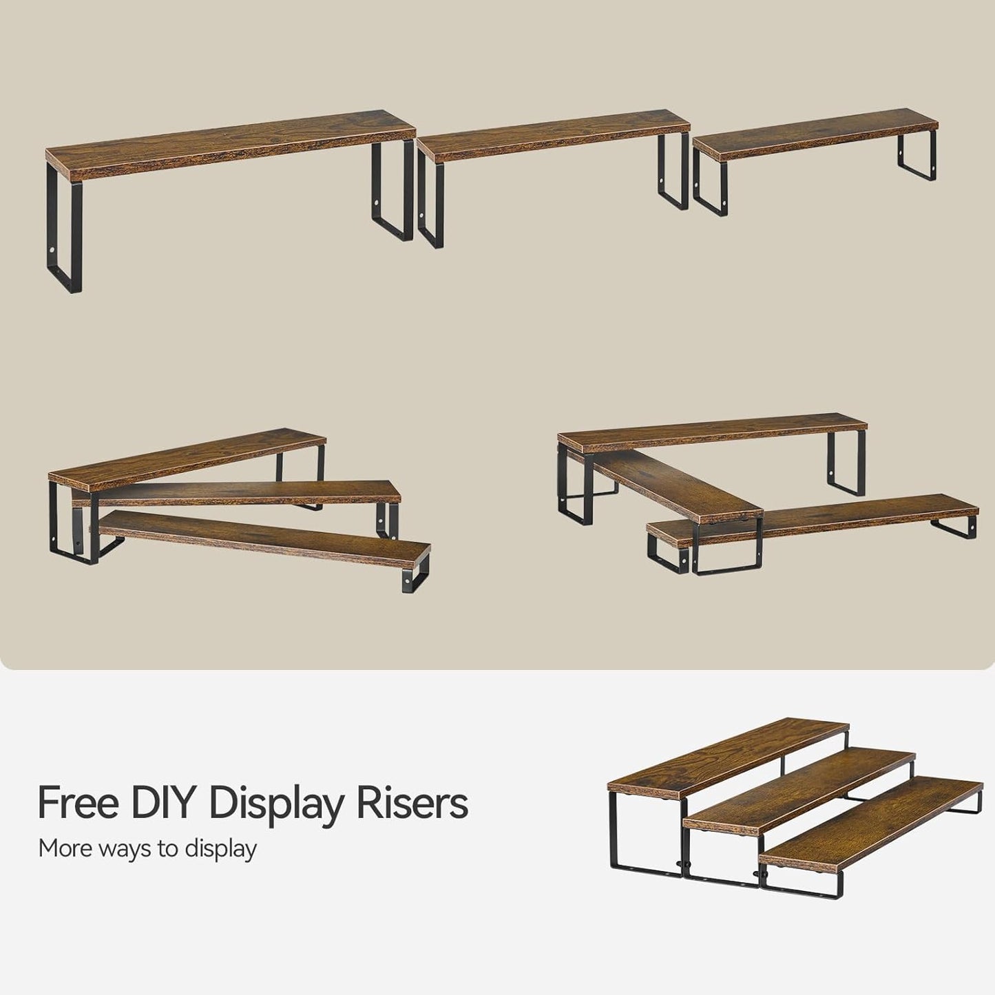 Spice Rack,Wooden Display Riser Stand, 3-Tier Perfume Stand and Cologne Organizer Stand, DIY Spice Rack Organizer, Display Shelf Metal Frame