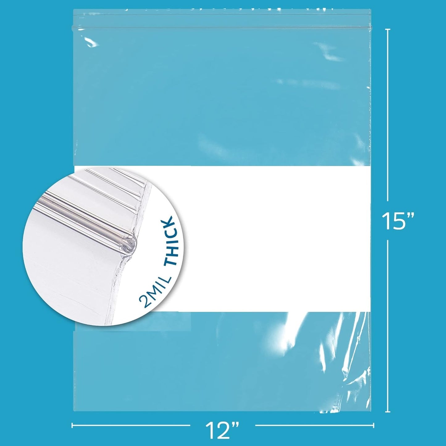 12" x 15" Large Zip Bags, 2 Mil Thick Clear Plastic Reclosable Zipper Lock Bags with Write-on White Block, with Resealable Zip Top Lock for Food Storage & Office Supplies, 1000 Count