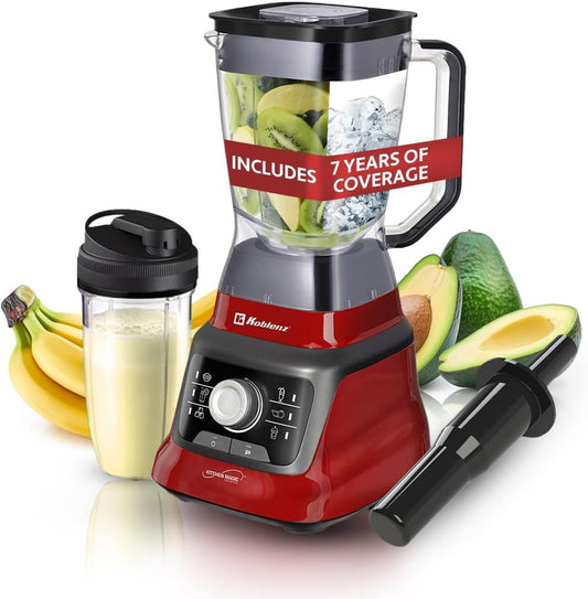 Koblenz Bob Blender, Countertop with Reversible motor, Speed Knob and 6 Functions, 1400-watt Motor, 68 oz. Capacity, Super Silent Operation, Includes 1 To-Go Cup and Tamper, Black/Red, LKM-9608