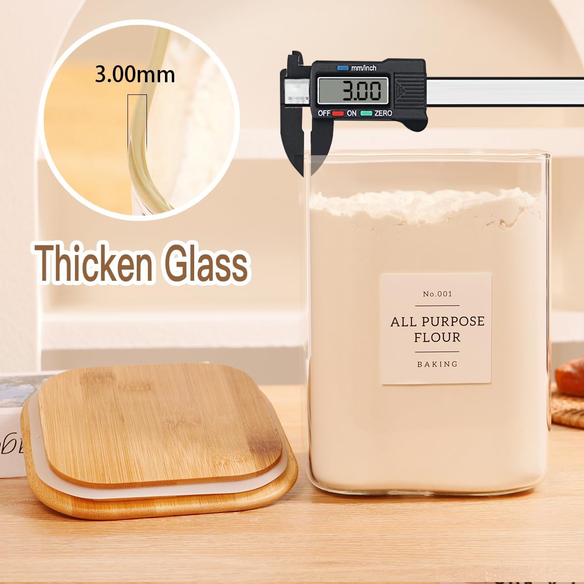 2 Pack large Square Glass Flour and Sugar Containers with 132 Kitchen Pantry Labels - 110 floz & 51 floz - Glass Jars with Airtight Bamboo Lid - Glass Rice Canisters for Coffee, Pasta, Cookie, Cereal