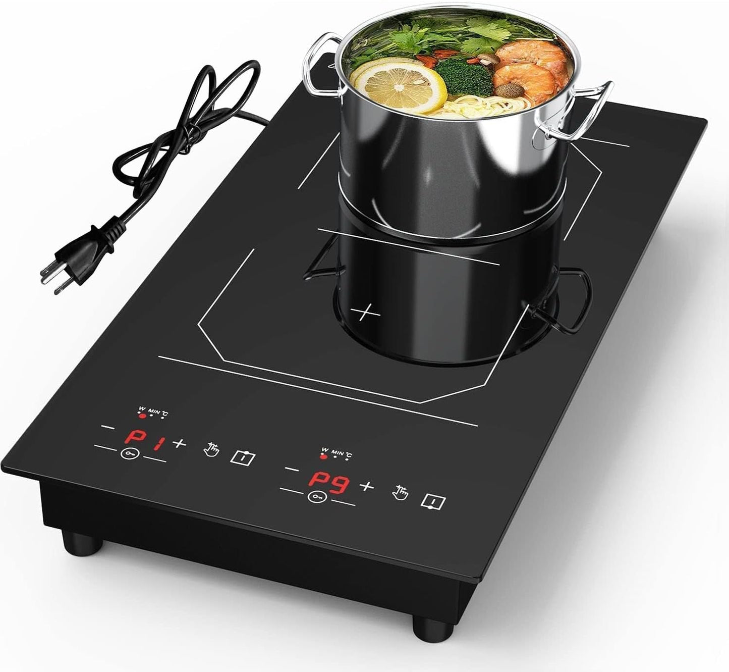 Double Induction Cooktop 2 Burner: 12 Inch 110v Built-in & Portable Electric Stove Top - 2300W Electric Cooktop with 9 Temp Settings, Countertop Cooktop for RV, Camping, Travel