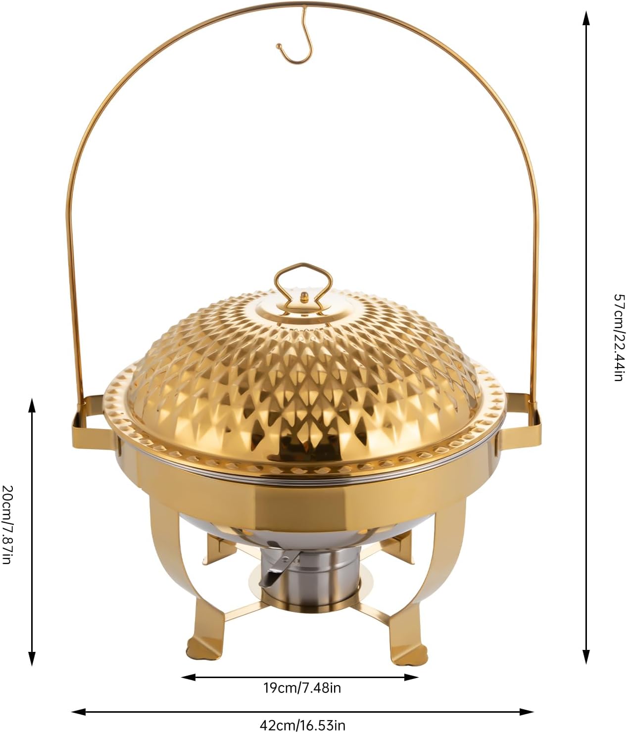 Chafing Dish Buffet Set, Stainless Steel Hanging Lid Dining Stove, Roll Top Chafing Dish Buffet Diamond-Shaped Lid and Round Stand for Buffet Restaurants and Banquets (Gold, 6L/6.3QT)