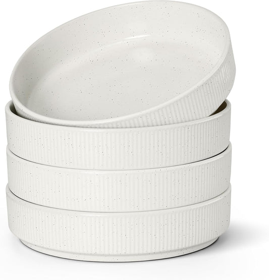 E-far Pasta Bowls Set of 4, 35oz Large Salad Bowl Plate for Dinner Serving Soup, Wide & Shallow Ceramic Stoneware Pasta Plates, Microwave & Dishwasher Safe, Textured Stripes & Speckled White, 8”