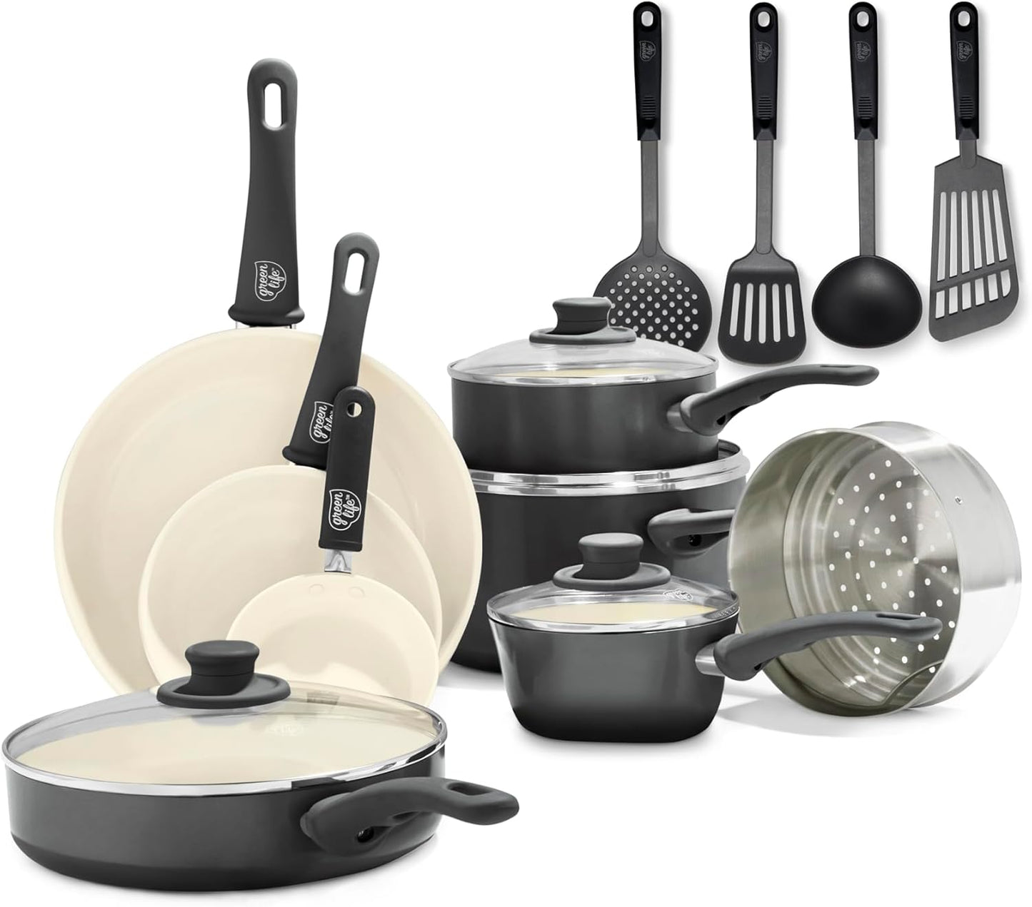 GreenLife 16 Piece Nonstick Cookware Set, Soft Grip Non-Toxic PFAS-Free Ceramic Pots & Pans, Dishwasher & Oven Safe, Frying, Sauce, Utensils, Glass Lids, Stay-Cool Handles, Wobble Free, Black & Cream