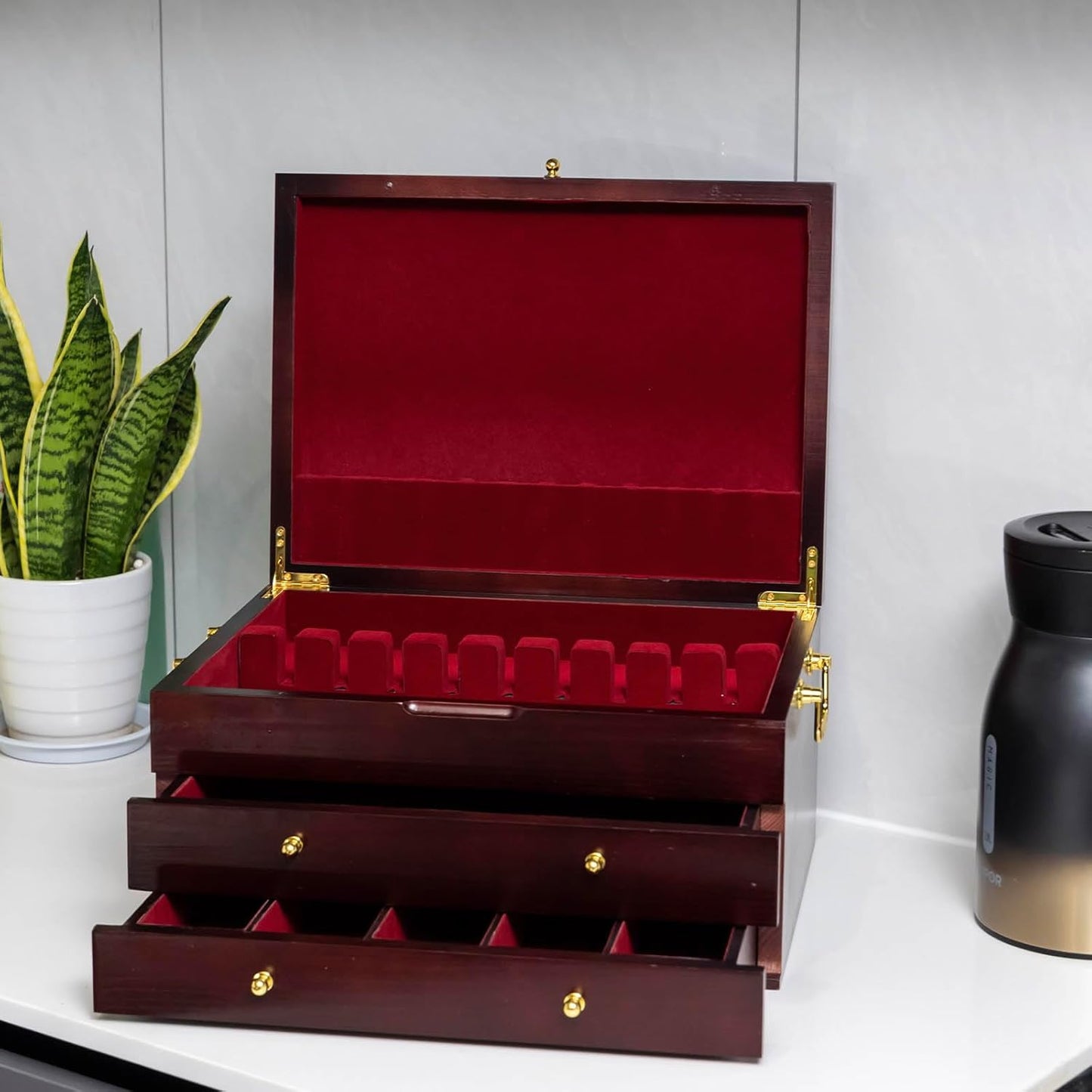 GENRICE Wooden Silverware Chest without Silverware Three-layer, Silverware Box Storage for Silver, Silverware Case with Handle and Felt Lined, Flatware Chest for 12 or 16 or more sets of Utensils