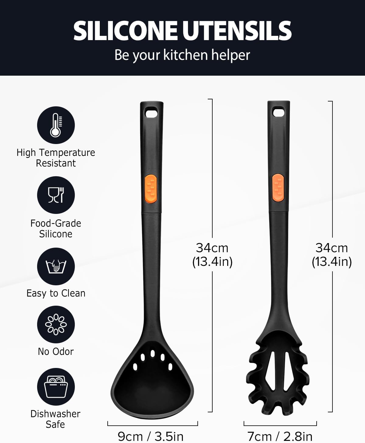 Silicone Pasta Fork and Ladle Spoon Set, Large Non Stick Kitchen Utensils for Cooking,Stirring,One Piece Serving Spaghetti, Soup, Sauce (BLACK)