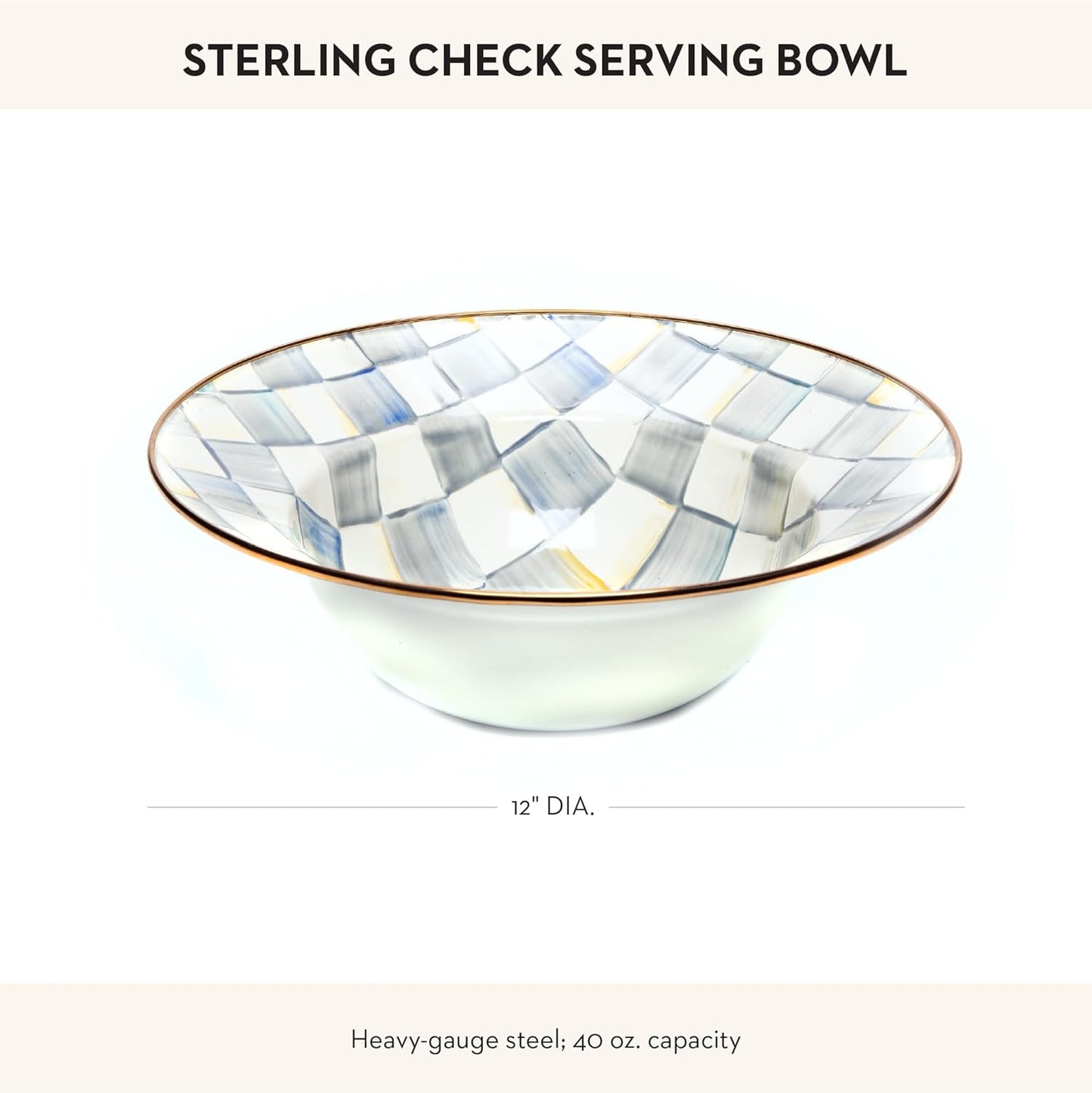 MACKENZIE-CHILDS Enamel Serving Bowl, Enamel Serveware Bowl, 12 Inches, Gray-and-White Sterling Check