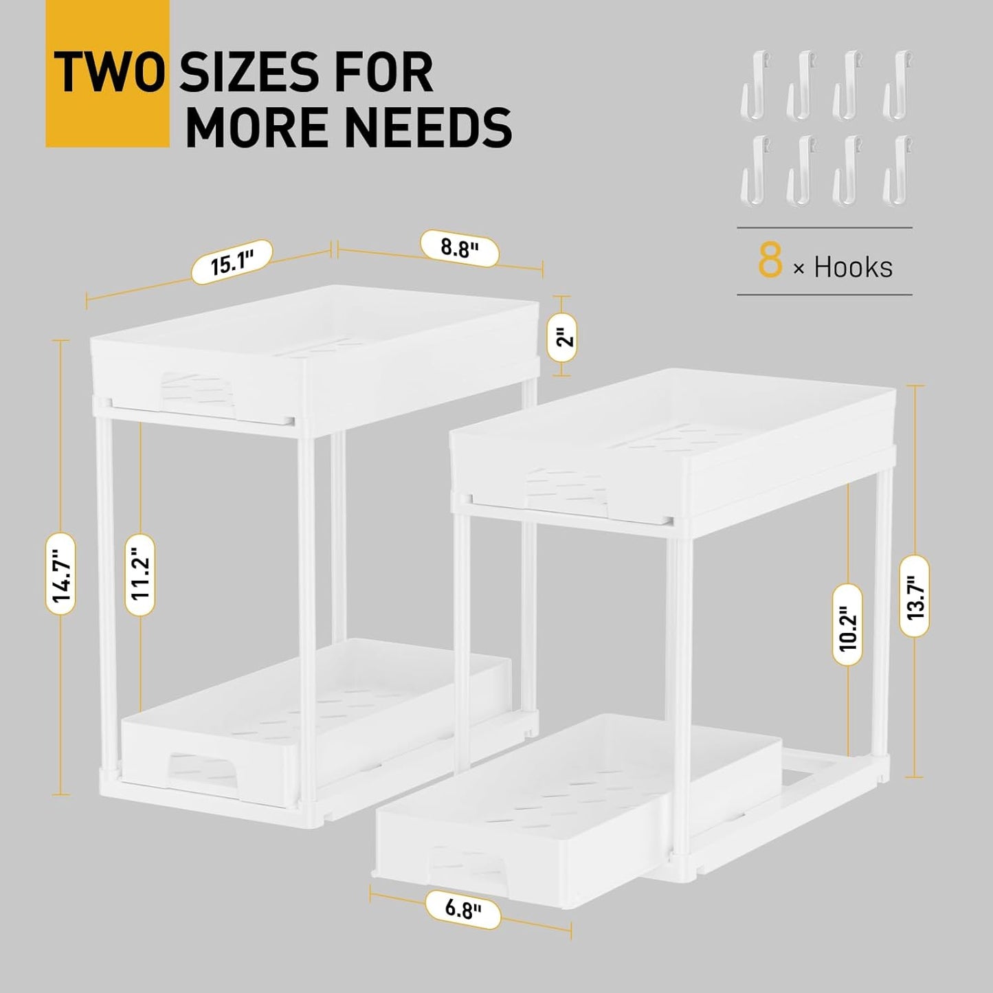 Delamu Under Sink Organizers and Storage, 2 Pack Pull Out Kitchen Bathroom Cabinet Organizer, 2 Tier White Under Sink Storage for Bathroom Kitchen, Under Counter Storage Organizer with 8 Hooks