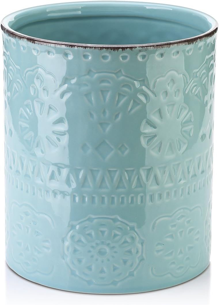 DOWAN 7.2" Kitchen Utensil Holder, Extra Large Farmhouse Utensil Holders for Countertop, Ceramic Utensil Crock, Anti Slip Cork Bottom (Blue, 7.2 Inch)