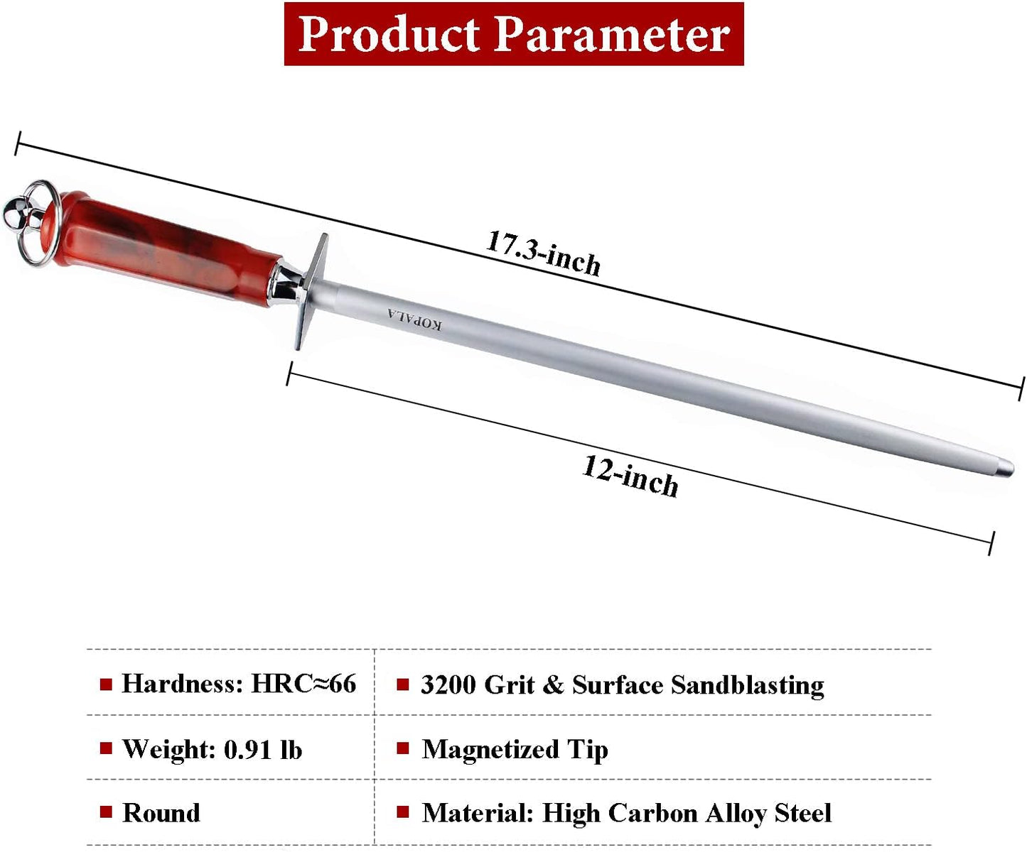 Sharpening Steel Knife Sharpener Rod Round 12 Inches Honing Steel for Knives Red