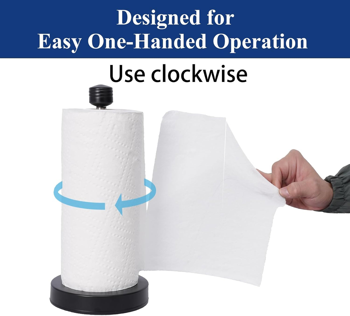 Stainless Steel Black Paper Towel Holder Designed for Easy One-Handed Operation - This Sturdy Weighted Paper Towel Dispenser Countertop Model Has Suction Cups and Holds All Paper Towel Rolls (Black)