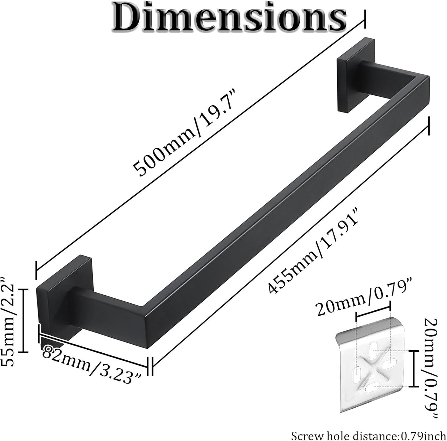 Alise Black Towel Bars,19.7 Inch Towel Holder Towel Racks for Bathroom and Lavatory,SUS304 Stainless Steel Hand Towel Hanger Rail Wall Mount,Useable Length 17.91 Inch Towel Bar, GYT050-B