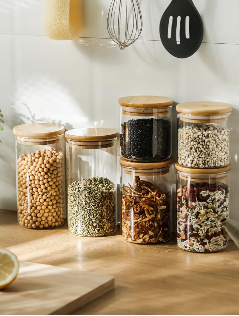 Glass Food Storage Jars, Glass Jars with Bamboo Lids, Kitchen Storage Jars, Canisters with Airtight Lids for Spice, Coffee, Cookie, Set of 5, Pantry Organizers