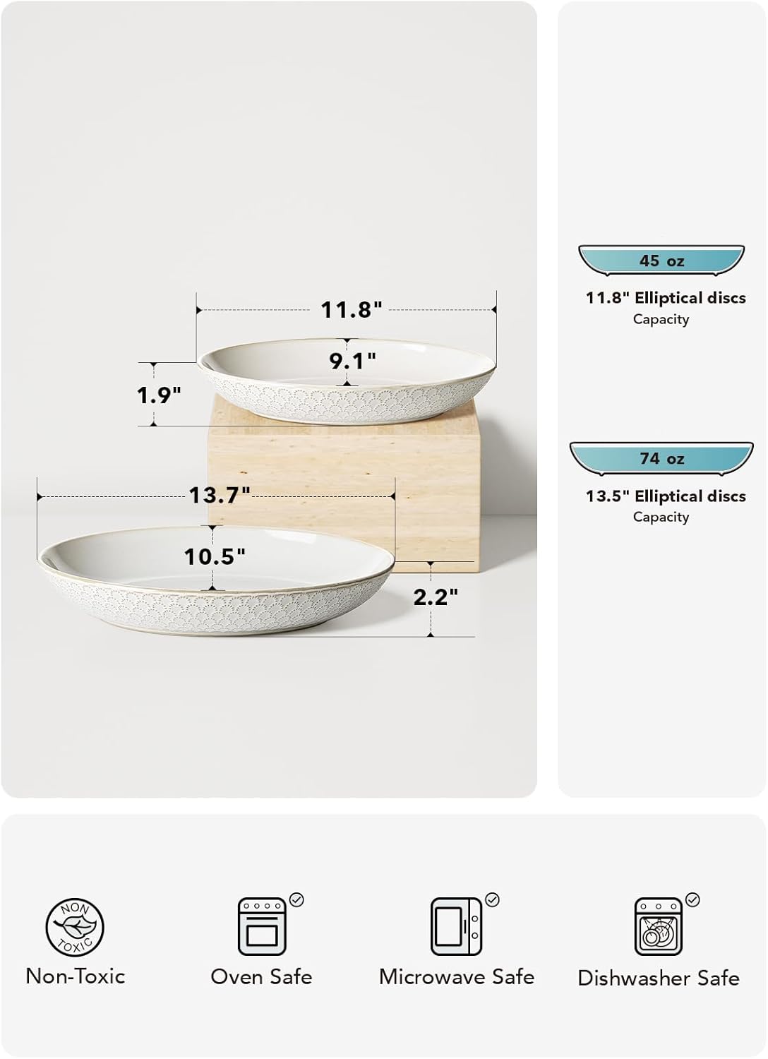 LE TAUCI Serving Bowls, Large Oval Platters for Entertaining, Ceramic Serving Tray for Dinner, Pasta, Salad, Dessert, Turkey, Fish, Fruit, Bread - 45oz/74oz, 11.8"/13.7", Set of 2, Arctic White