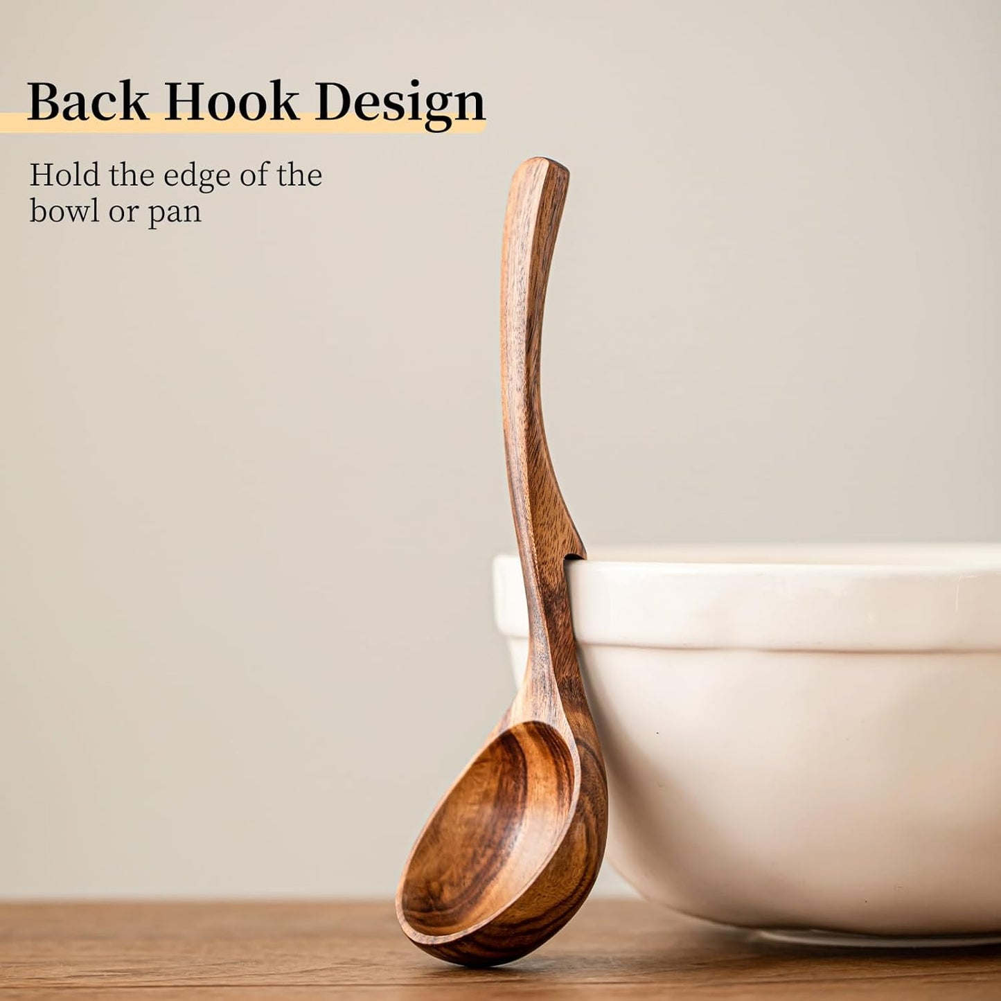 Gudamaye 3 Size Wooden Soup Ladles Set,3 Hooks for Bowl,Pot. Natural Teak Wooden Ladle,10.6 inch Big Soup Ladle, 9 inch Serving Spoon & 8 inch Wood Ladles for Cooking,Teak Deep Ladle Spoons