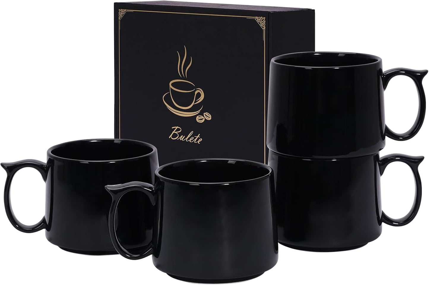 19 oz Large Coffee Mugs Set of 4, Stackable Ceramic Coffee Mugs with Large Handles for Coffee, Latte, Cappuccino, Milk, Dishwasher & Microwave Safe, Ideal for Men, Women, Dads and Moms (Black)