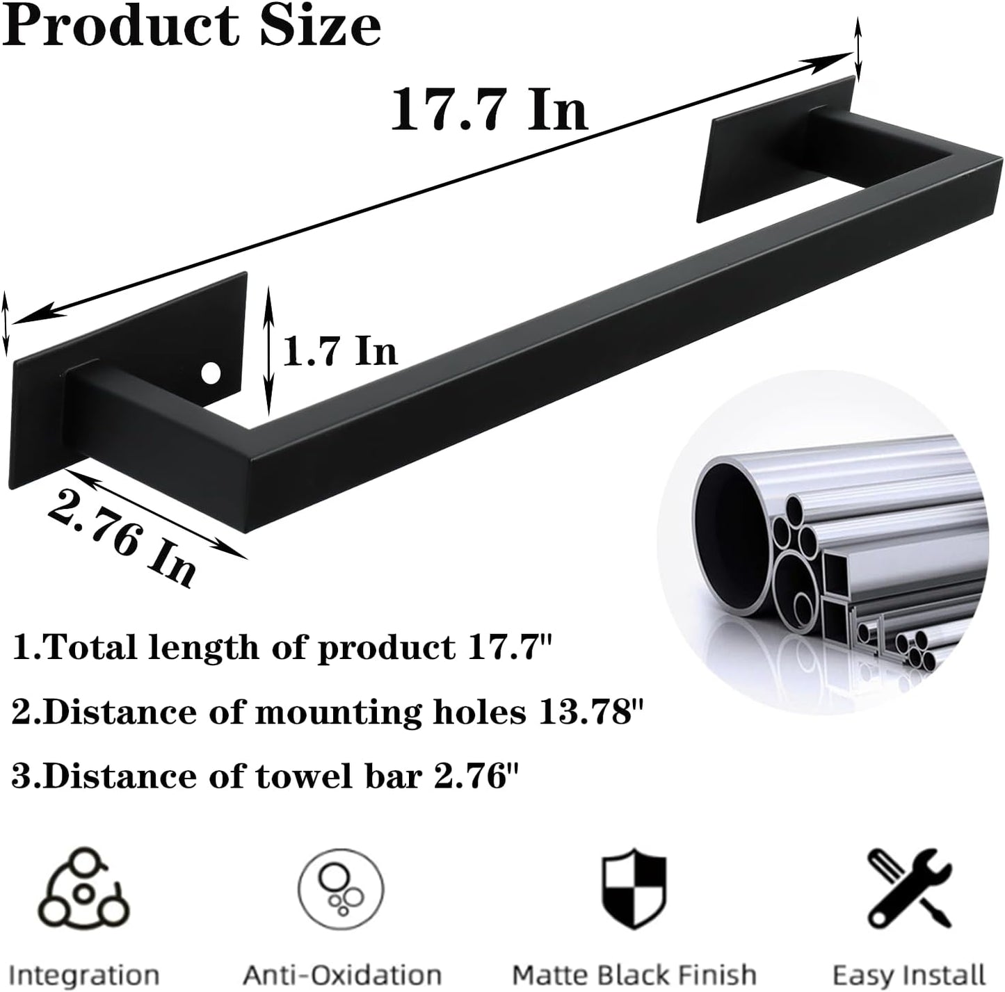 Bathroom Towel Bar Self Adhesive, No Drilling Towel Rack Easy to Install, Hand Towel Holder Made of Premium Stainless Steel Sticky on Hand Towel Hanger for Kitchen, Toilet.(17.7IN, Black)