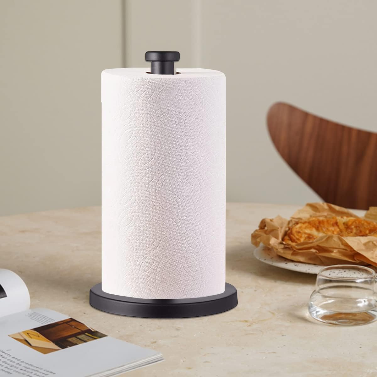 Stainless Steel Paper Towel Holder, Black Countertop for Kitchen Bathroom, Standing with Weighted Base
