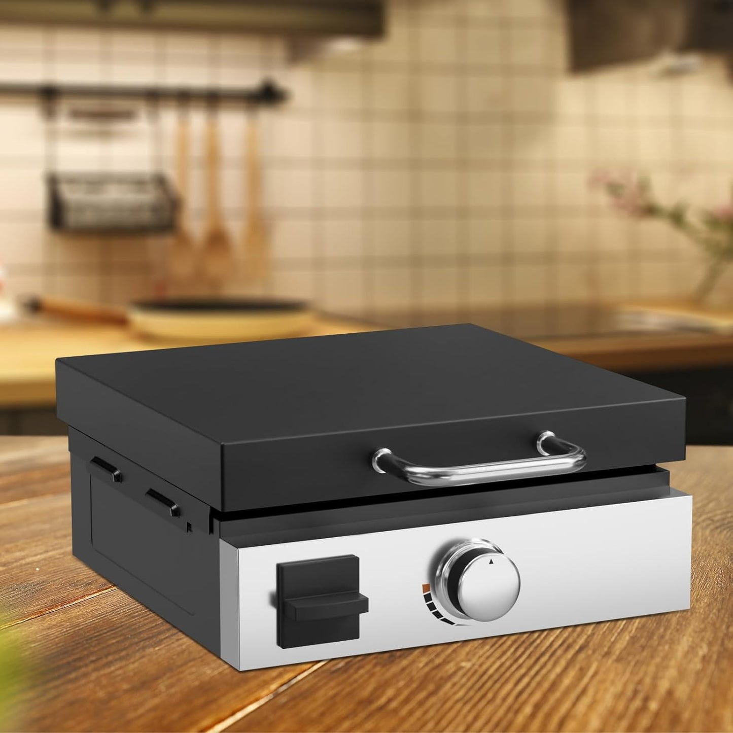 5010 Hard Cover Top Lid with Stainless Steel Handles and Wind Guard for Blackstone 17”Table Top Grill, Flat Top Griddle Accessories for Black Stone, Black