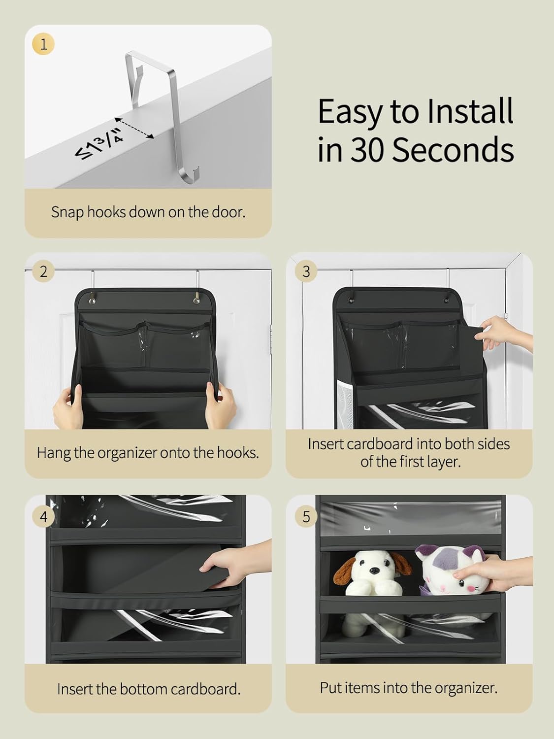 Yecaye 5 Tier 1Pc Over the Door Organizer, Swing-proof Door Organizer Hanging with Clear PVC Windows, Behind the Door Storage for Bedroom Nursery Closet Laundry Pantry Bathroom, Black