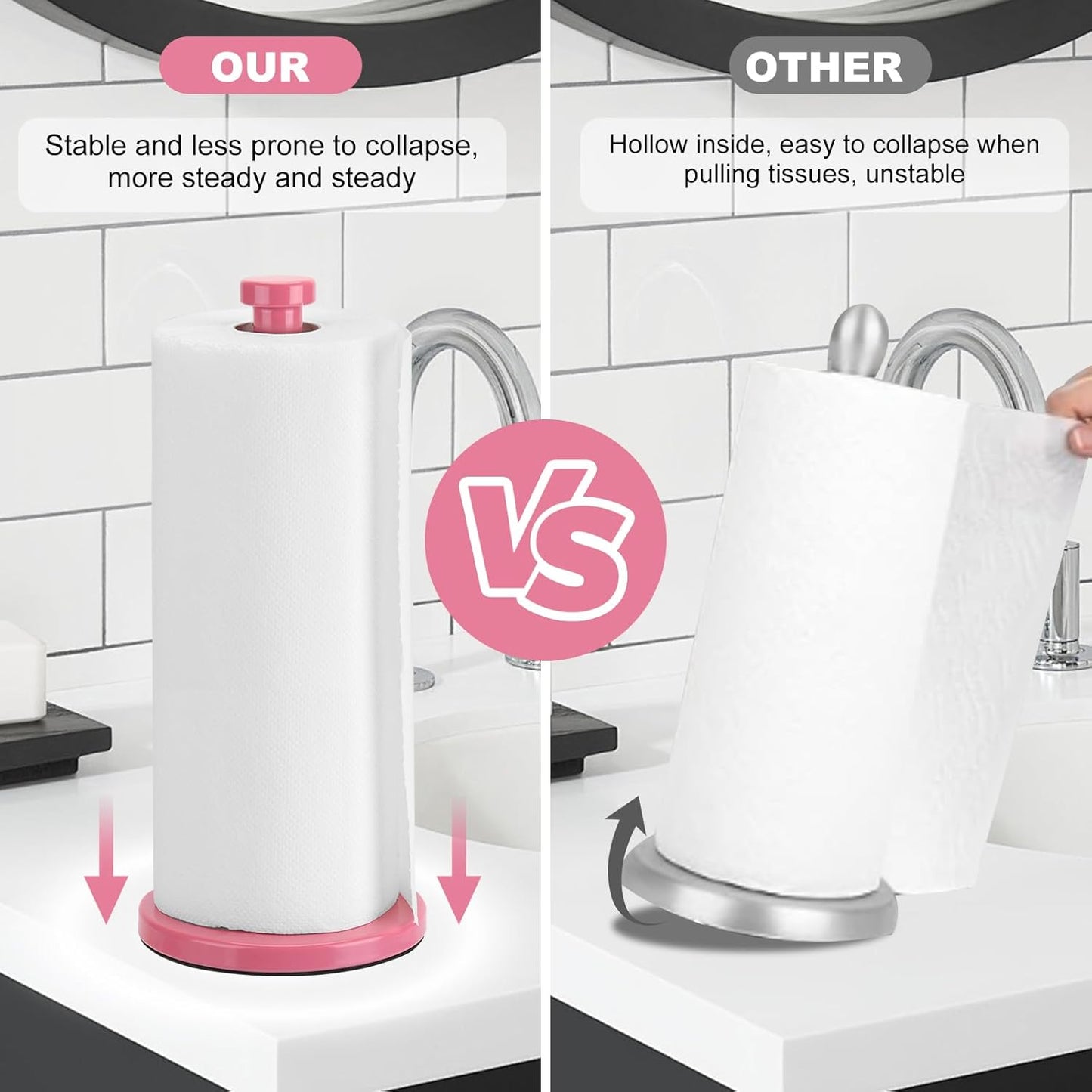 Stainless Steel Paper Towel Holder, Pink, Countertop for Kitchen & Bathroom, Standing with Weighted Base for Standard or Rolls, Brushed Brass