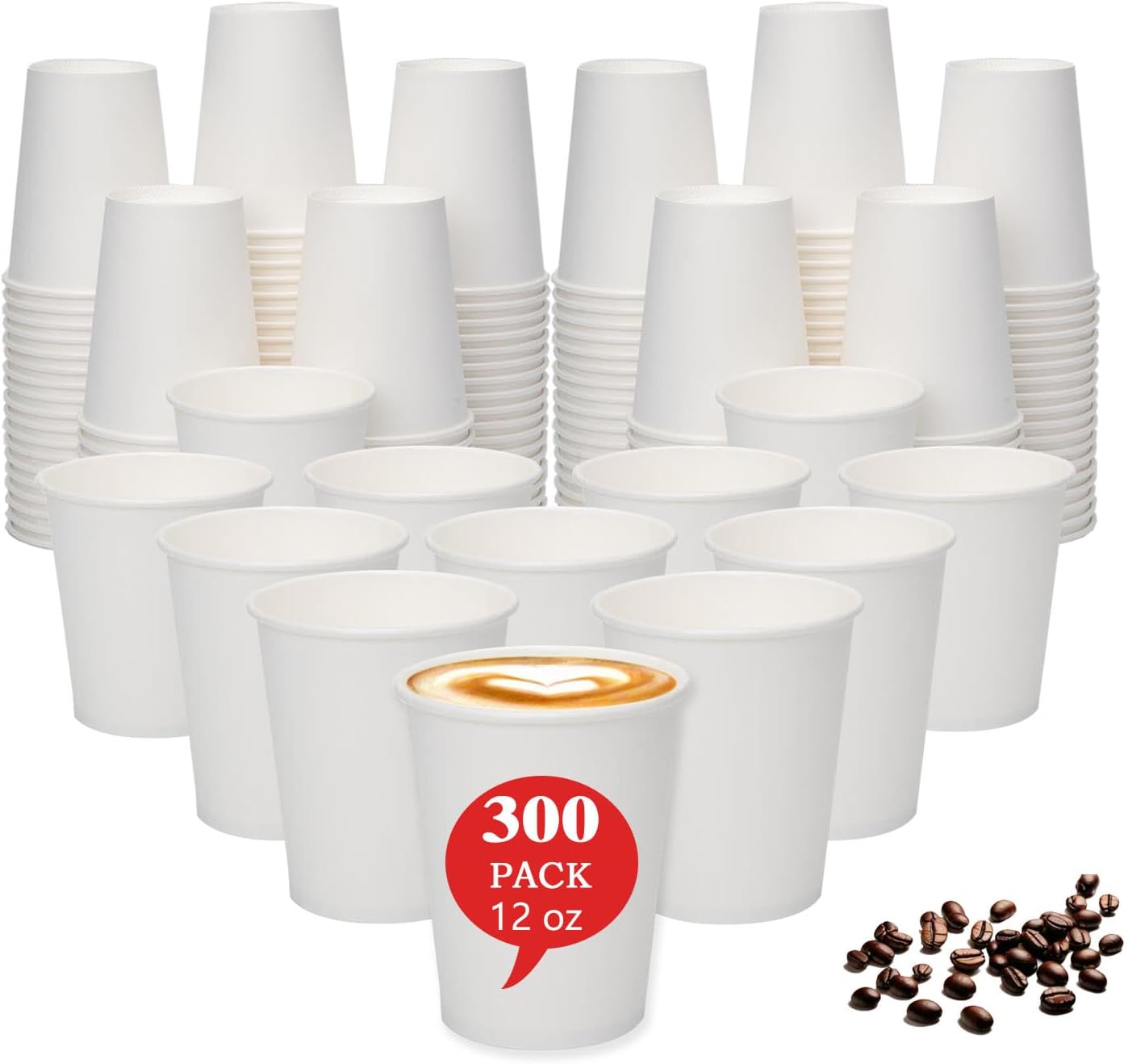 12 oz Paper Cups Disposable 300 Count - Bulk White Coffee Cups for Hot & Cold Beverages, Party Supplies | Leakproof, Recyclable Paper Cups