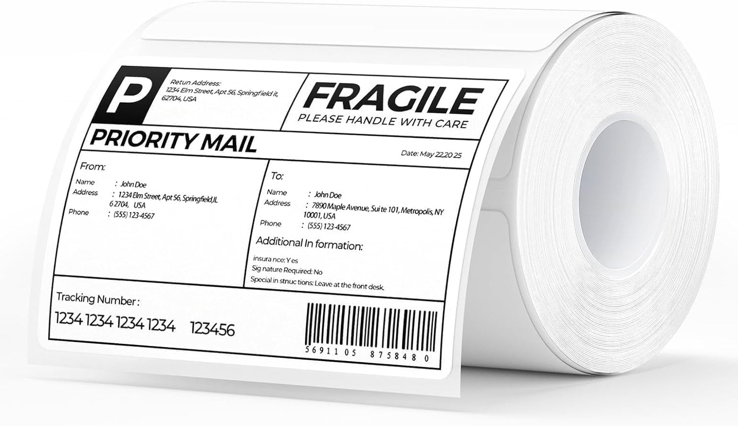 MUNBYN 4” X 3” Direct Thermal Labels, White Thermal Printer Stickers, Strong Adhesive, Labels Paper for Mailing, Barcode, 500 Sheets/1 Roll