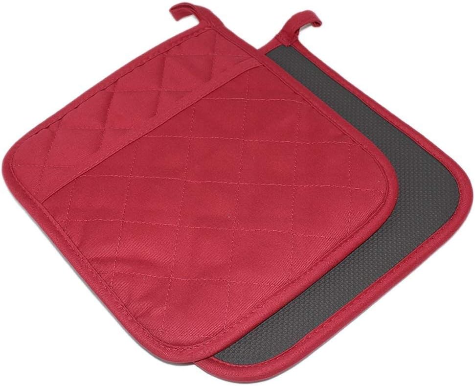 Cotton and Neoprene Oven Pads Pot Holders with Pocket 8"x8.5" Dual-Function Hot Pad Set for Finger Hand Wrist Protection Heat Resistant to 428°F Red
