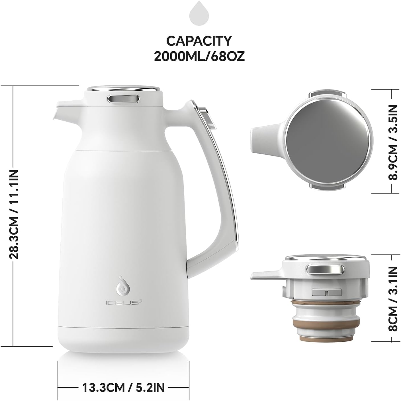 IDEUS Thermal Coffee Carafe 68oz (2,000ml), Stainless Steel Double Wall Insulated Vacuum Flask, Water Jug Coffee Server and Beverage Dispenser, Heat and Cold Retention (White-Silver, 68oz (2,000ml))