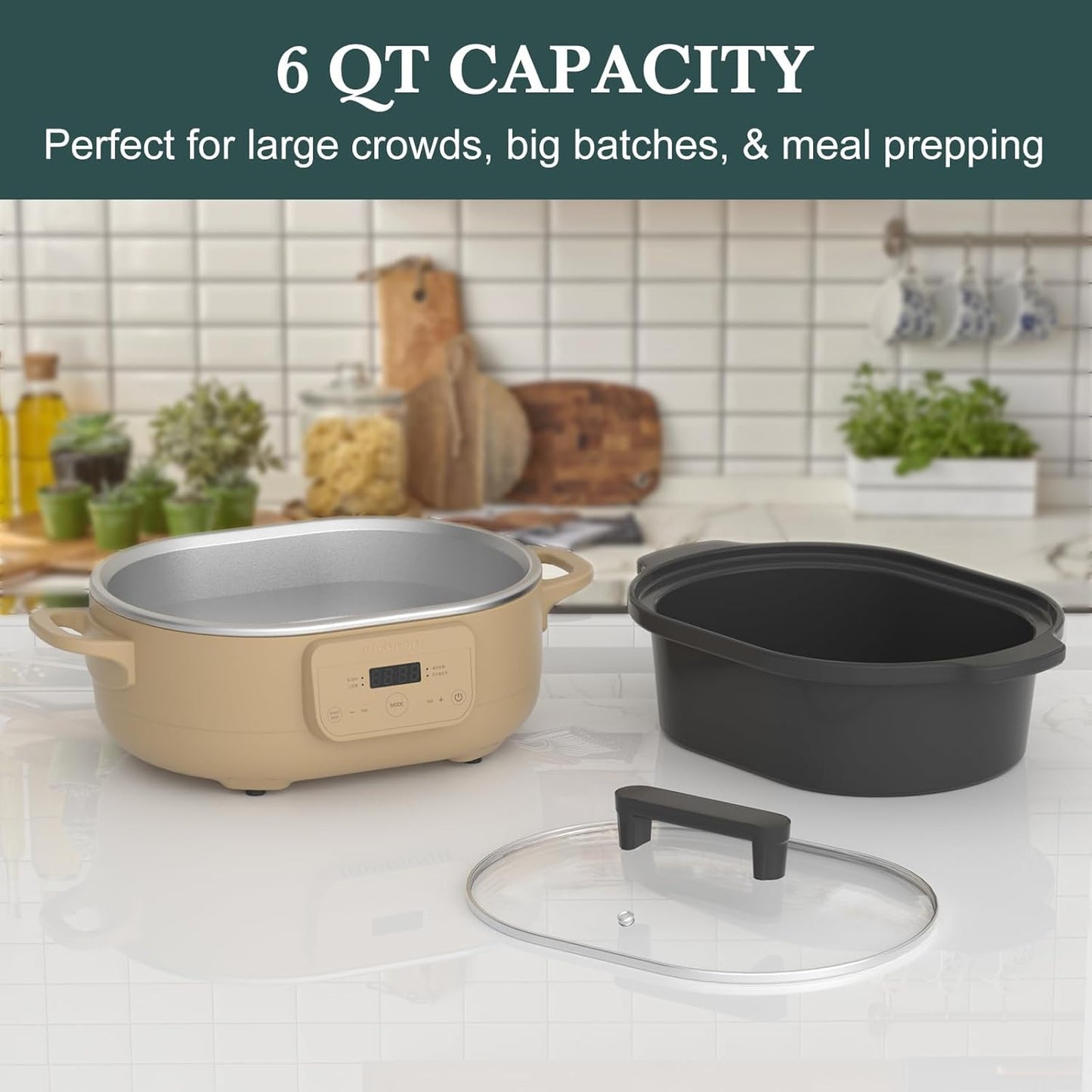 6 Quart Programmable Slow Cooker Removable Healthy Nonstick Crock Pot - Small Kitchen Appliance for Family Dinners - Serves 6+ People - Heat Settings: Keep Warm Brown Brown